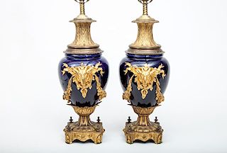 Pair of Continental Ormolu-Mounted Blue Glass Lamps