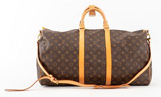 Louis Vuitton Keepall duffel bag in signature gold-tone monogram LV print on brown leather, with two handles and detachable strap, with gold-tone meta