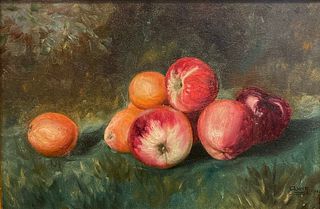 Arts & Crafts Signed Painting Oil on Board Apples 