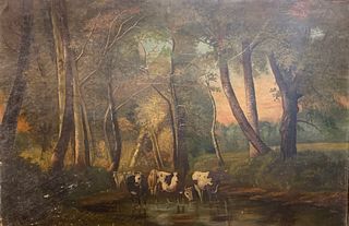 19th Century Oil On Metal of Cows Grazing 