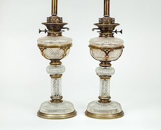 Pair of Gilt-Metal-Mounted Cut-Glass Oil Lamps