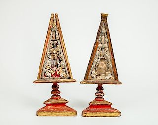 Pair of Italian Baroque Style Silvered Thread-Mounted Painted Obelisk-Form Reliquaries