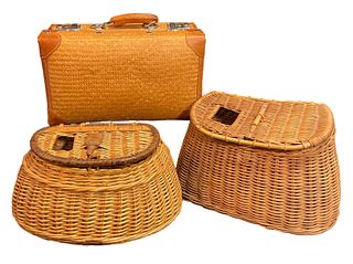 Collection Vintage Wicker Fly Fishing Creels w Picnic Basket