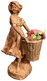 French Girl With Basket Metal Garden Sculpture