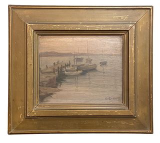 CARL LINDIN (American 1869-1942) Harbor Scene Oil on Board 