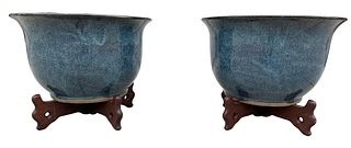 Pair of Large Oriental Style Garden Urn Planters w Stands