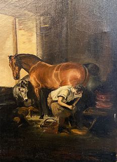 Early 20th Century Oil on Canvas of Sir EDWIN HENRY LANDSEER "Shoeing" 