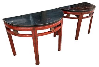 Pair Chinese Demilune Console Tables 