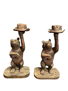 Pair Black Forest Carved Figural Bear Candle Holders 