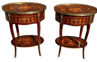 Vintage French Inlay Side Tables, Pair, 20th C. 