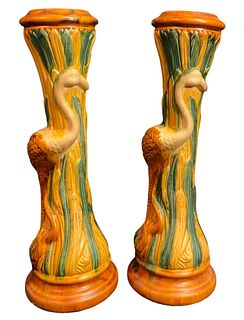Pair 20th C Majolica Style Egret Pedestals 