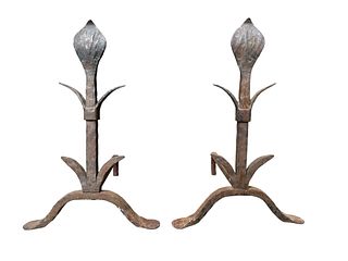 Antique Fleur De Lis Wrought Iron Andirons