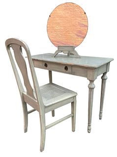 20th C French Milk Painted Vanity Desk, Chair, Mirror 
