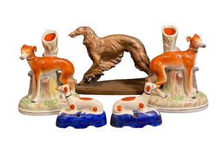 Collection Greyhound Inkwell, Spill Vase, & Metal Figurine, STAFFORDSHIRE