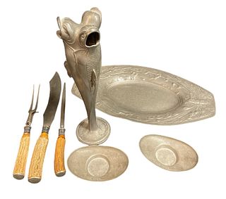 Assorted Pewter Fish Vase, Trays, and Antler Carved Cutlery Articles 