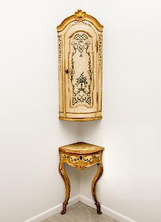 Italian Painted and Parcel-Gilt Corner Cabinet and Corner Console