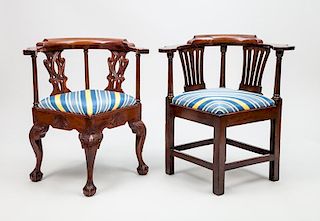 Two George III Style Carved Mahogany Corner Chairs