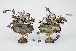 Pair of French Neoclassical Style Tôle Peinte Flower-Filled Jardinières