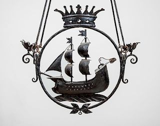 Wrought-Iron Galleon-Form Two-Light Chandelier