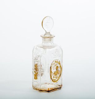 Pair of Chinoiserie Engraved Glass Block-Form Decanter and Stoppers, and a Smaller Bottle and Stopper