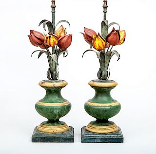Pair of Decorative Marbleized Urns with Tôle Tulips, Mounted as Lamps
