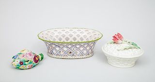 Continental Majolica Pierced Basket, Italian Majolica Basket and Cover with Tulip Knop and a Bisque Box and Cover