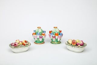 Pair of Porcelain Fruit-Filled Baskets and a Pair of Bisque Porcelain Bud Vases with Floral Stoppers