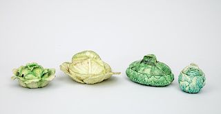 Three Pottery Cabbage-Form Small Tureens and Covers and a Lettuce-Form Tureen and Cover