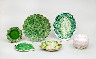 Two Majolica Grape Leaf-Form Dishes, Three Cauliflower Leaf Plates and a Majolica Flower Bud-Form Jar and Cover