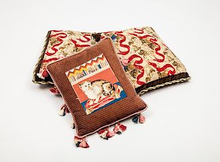 Pair of Needlework Pillows and an Embroidered Pillow '1845 Puss'