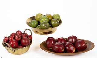 BRASS AND TREEN BOWLS WITH FAUX FRUIT, LOT OF THREE