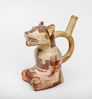 Mochica Pre-Columbian Style Painted Pottery Jaguar Stirrup Vessel