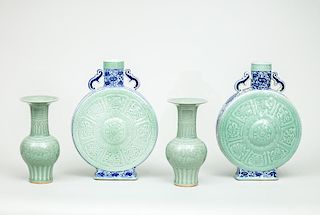 Pair of Modern Chinese Celadon-Glazed Pottery Moon Flasks and a Pair of Relief-Decorated Celadon Porcelain Vases