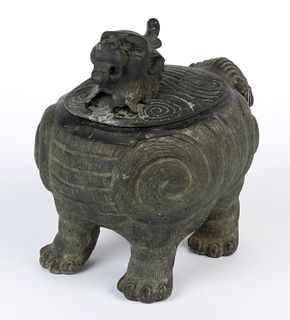 CHINESE EARTHENWARE POTTERY AND COPPER GUARDIAN LION / FOO DOG FIGURAL CENSER
