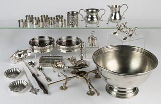 ASSORTED SILVER-PLATED, PEWTER, AND OTHER METAL ARTICLES, LOT OF 30