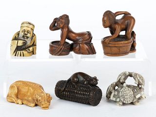 JAPANESE / CHINESE CARVED WOOD AND OTHER FIGURAL NETSUKE, LOT OF SIX