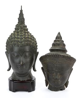 SOUTHEAST ASIA / THAILAND CAST-BRONZE BUDDHA HEADS, LOT OF TWO