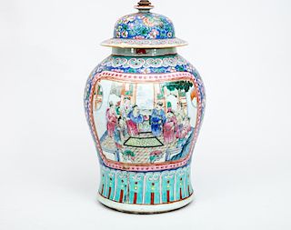 Chinese Famille Rose Porcelain Baluster-Form Jar and Cover, Now Mounted as a Lamp