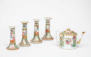 Canton Rose Medallion Porcelain Teapot and Cover and Four Rose Medallion Porcelain Candlesticks
