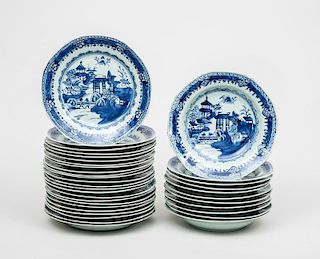 Assembled Set of Twenty-Four Chinese Blue and White Porcelain Dinner Plates and Eleven Soup Bowls