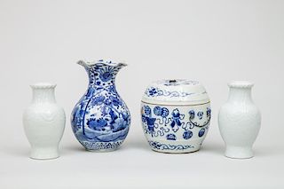 Pair of Chinese Ivory Glazed Porcelain Vase, a Blue and White Barrel-Form Jar and Cover and a Japanese Blue and White Vase