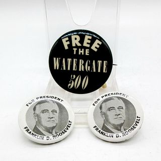 3pc Vintage Historical Political Pins, FDR & Watergate