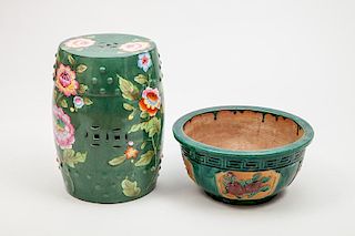 Chinese Barrel-Form Green-Ground Pottery Garden Seat and a Chinese Green-Ground Pottery Jardinière