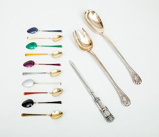 French Armorial 950 Silver Two-Piece Salad Set, a Russian Silver-Handled Letter Opener and Ten Norwegian Enameled Silver-Gilt