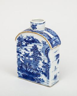 English Blue and White Porcelain Tea Caddy, in the Willow Pattern
