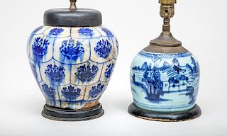 Turkish Blue and White Pottery Jar, Mounted as a Lamp, and a Chinese Blue and White Porcelain Lamp