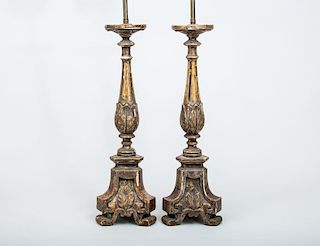 Pair of Italian Baroque Style Silver-Gilt Candlesticks, Mounted as Lamps