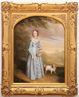 English School: Portrait of a Young Lady and Her Cavalier King Charles Spaniel