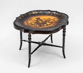 Victorian Black and Sepia Tôle Peinte Tray on Stand