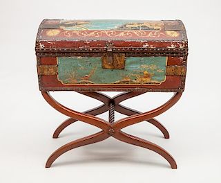 Continental Blue and Red Painted and Parcel-Gilt Trunk on Stand